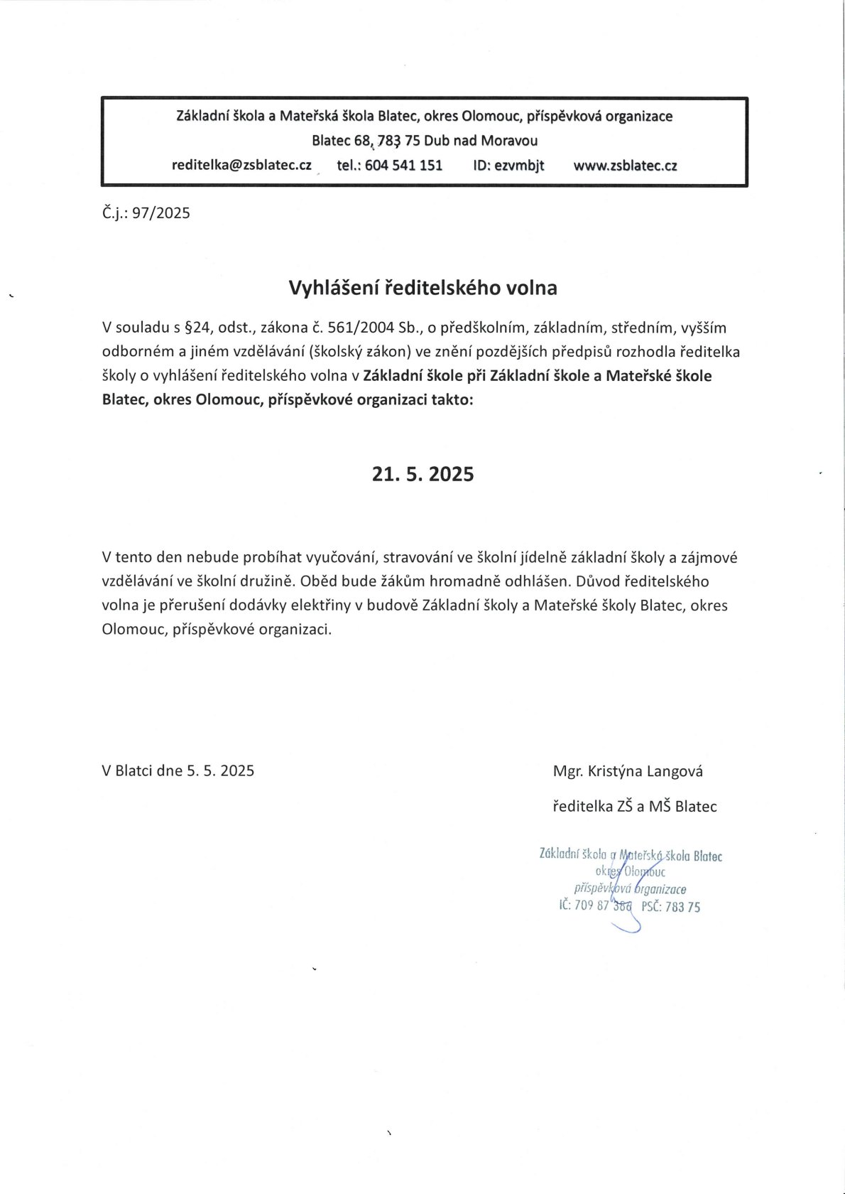 Ředitelské volno 21. 5. 2025