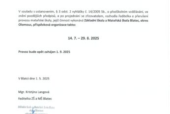 Uzavření MŠ 14. 7. – 29. 8. 2025