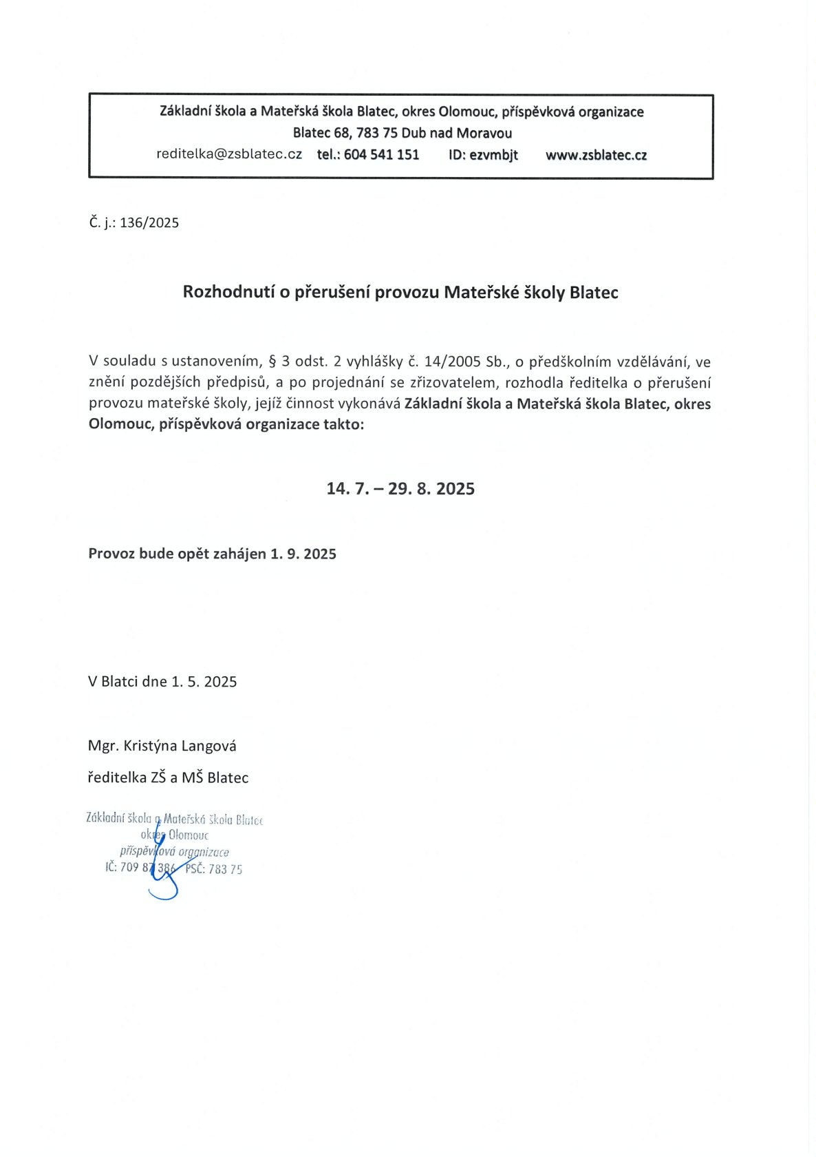Uzavření MŠ 14. 7. – 29. 8. 2025