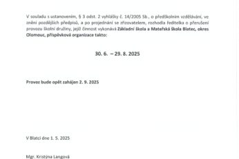 Uzavření ŠD 30. 6.  – 29. 8. 2025