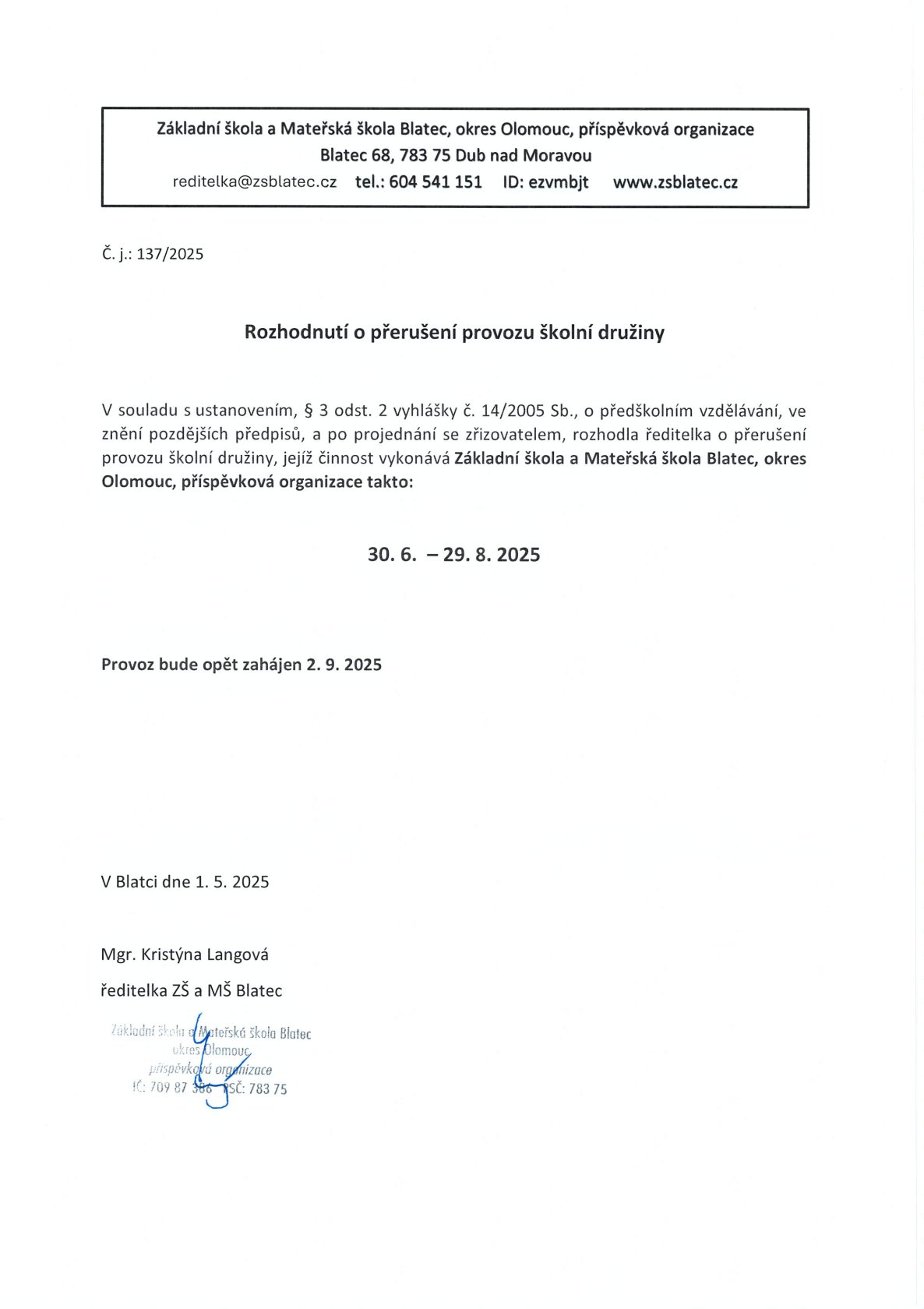 Uzavření ŠD 30. 6.  – 29. 8. 2025